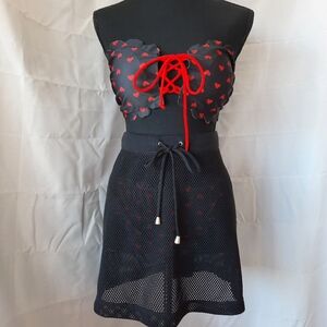 3pc Bikini Set & Mesh Skirt Swim Suit Red Hearts Black Womens Sz Large